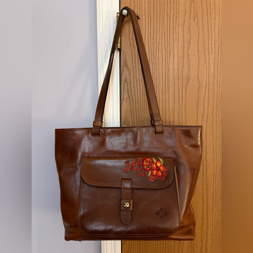 Vintage Patricia Nash Brown Leather Tote Bag with Floral Embroidery